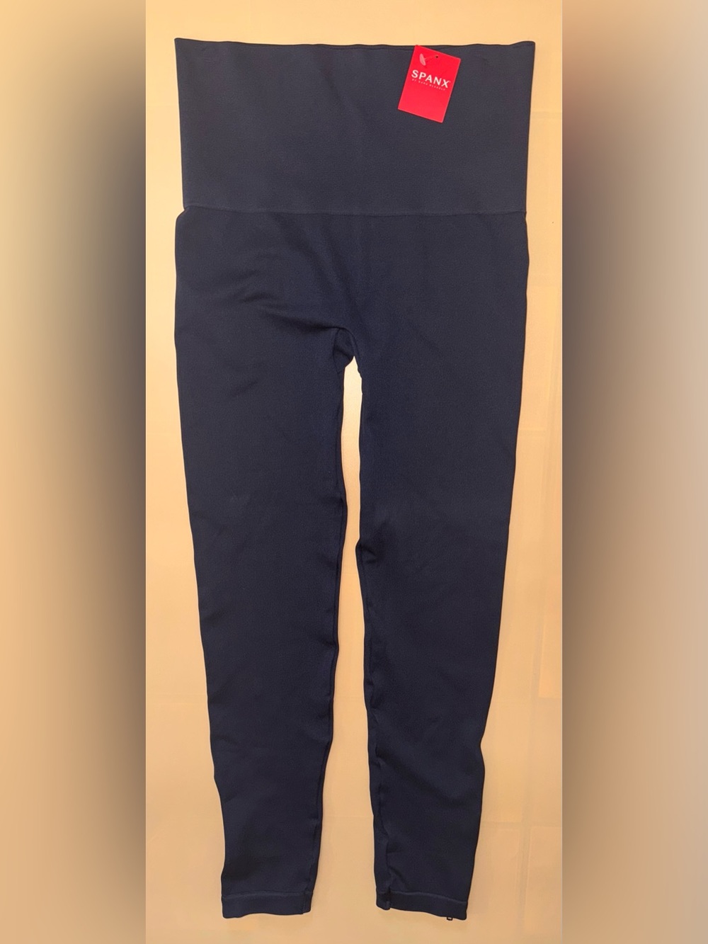 Spanx Faux Leather Trim High Rise Leggings Womens 1X Navy Blue Ankle Zip Stretch